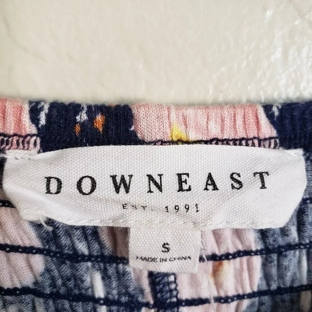 Downeast Smocked Floral Midi Skirt Blue/Pink Sz S Soft Jersey Knit Flowy Cottage